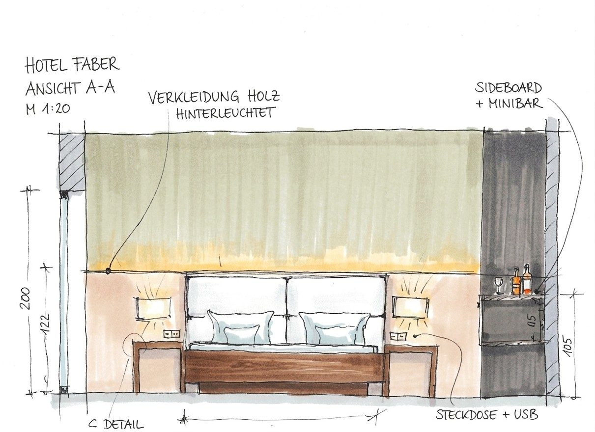 Von Hand gezeichnete und bemaßte Wandansicht eines Hotelzimmers im Maßstab 1:20