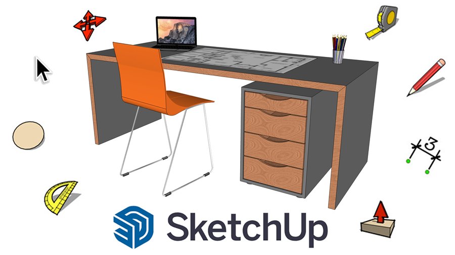 In SketchUp modellierter Schreibtisch mit Werkzeug-Symbolen