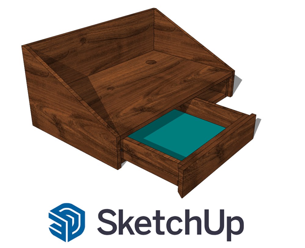 In SketchUp modellierter Aufsatz aus dunklem Nussholz mit offener Schublade, innen mit grünem Schichtstoff ausgelegt