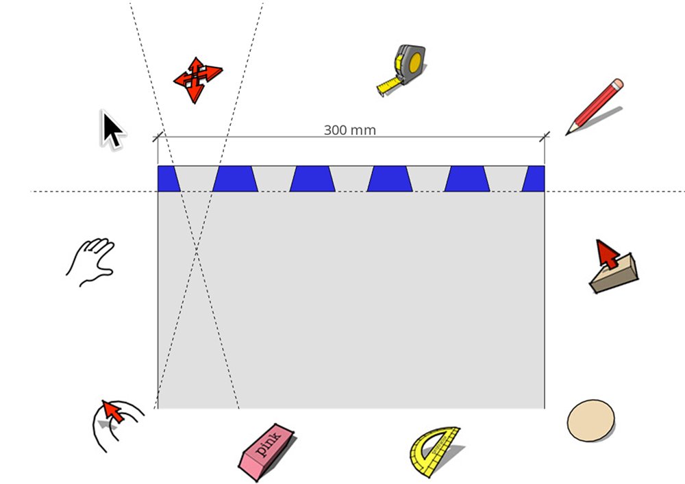 SketchUp-Zeichnung einer Leiste mit Zinken, umgeben von Werkzeug-Symbolen